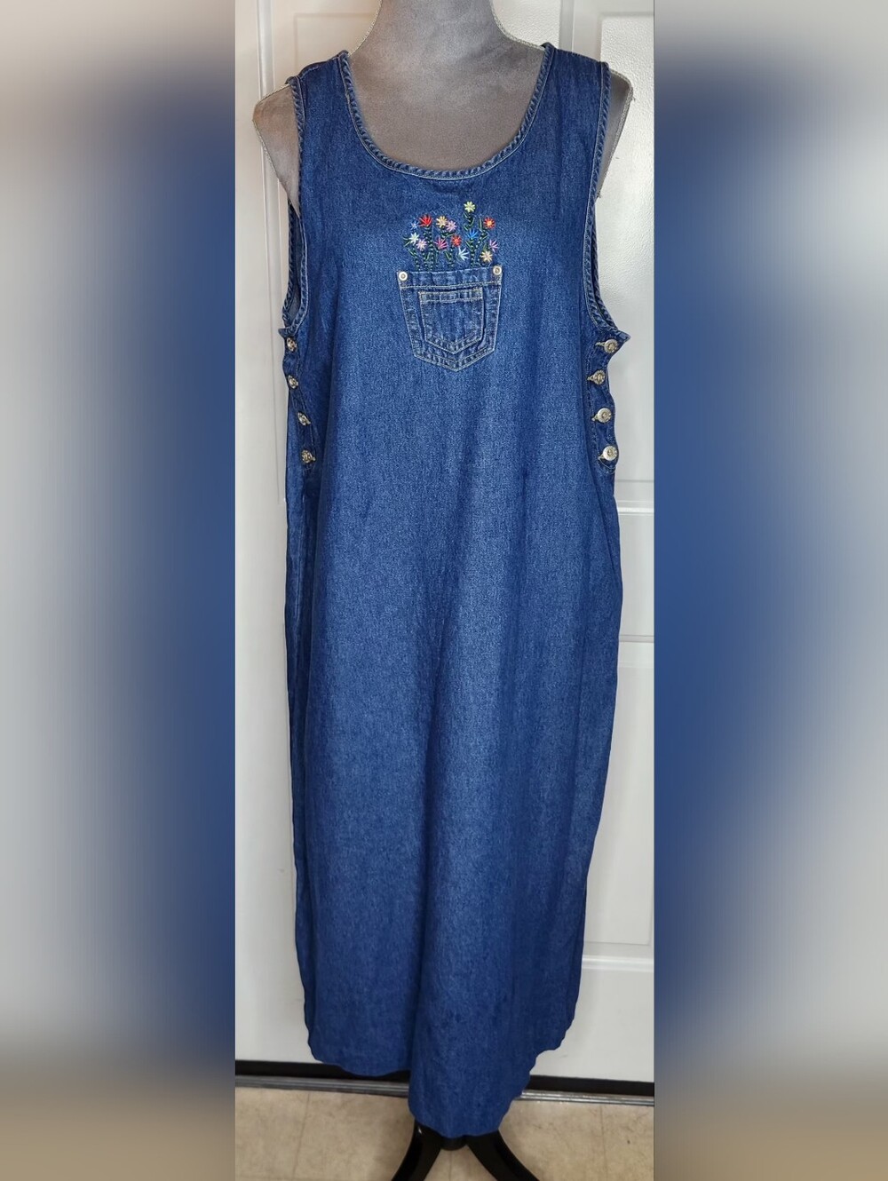 True BLUE Classic Blue Denim Jumper Dress with Decorative Side Buttons Size L